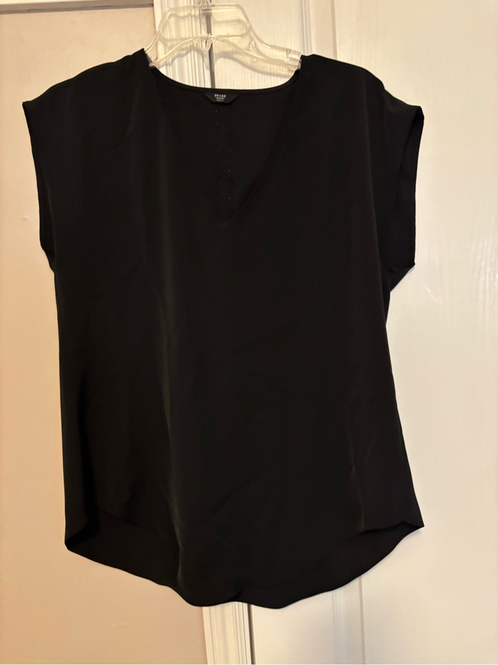 Minimalist Black Cap-Sleeve V-Notch Blouse